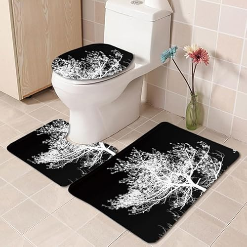 Bad Teppiche Set Schwarze Weiße Bäume Badezimmerteppich Waschbar WC Vorleger mit Ausschnitt und WC Deckelbezug 3 Teilig Badematte rutschfest Toilettensitzbezug Badgarnitur 45x75 cm
