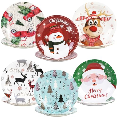DHAIQC 48 Stück Weihnachts Pappteller 18 cm, Weihnachten Partyteller Xmas Baum Santa Schneemann Rentier Weihnachtsteller Einwegteller Dessertteller für Winter Weihnachten Thema Partyzubehör