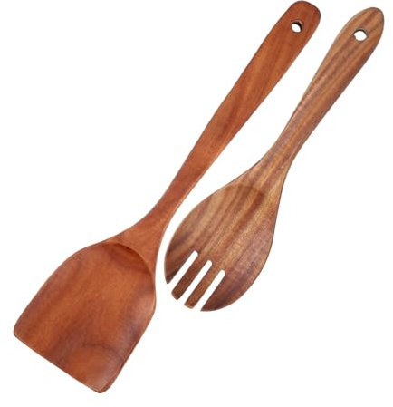 MAGICLULU Wooden Salad Servers Long Handle Spatula Ladle Spoon Salad Fork Mixing Spoon Utensils