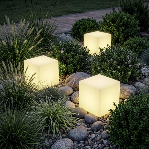 tectake® Cubo luminoso LED, Lampada da terra, luci da esterno e interno RGB 16 colori, telecomando, polietilene resistente, tavolino o pouf esterno luminoso, luci giardino decorative - L - 43x43x43 cm