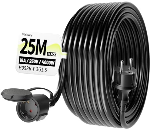 Vickwire Außen Verlängerungskabel, 25 m Gummikabel mit Schutzkontaktstecker Schuko, externes Kabel mit Schutzkappe, 16 A/250 V, schwarz, H05RR-F 3G 1,5 mm², IP44