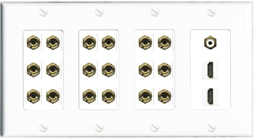 RiteAV Placa de pared con sonido envolvente 9.1 9 altavoces 18 conectores banana con subwoofer RCA + 2 conectores HDMI hembra, 4 bandas [blanco]