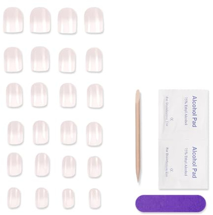 24 Pièces French Press on Nails Faux Ongles Autocollants, Court Amande Dégradé Press on Nails Nude Ballerine Ongles à Coller Naturel Ongles Artificiels Acrylique Pleine Couverture Ongles à Presser