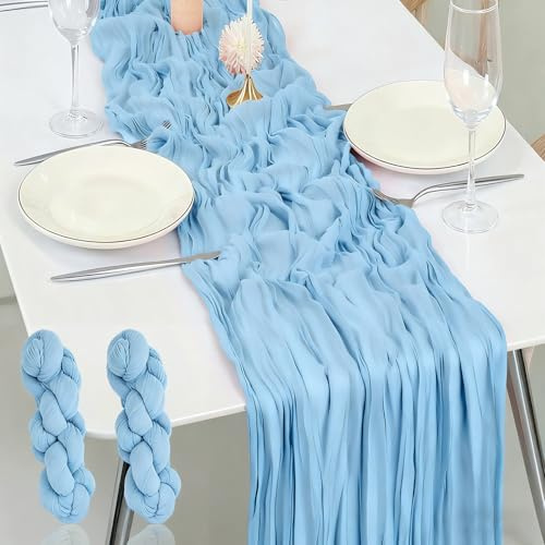 Seihtuch Tischläufer, Rustikaler Gaze Stoff, 90 x 300 cm Rustikaler Durchsichtiger Läufer für Boho Hochzeit Dekoration Geburtstagsparty Grün (2, hellblau)
