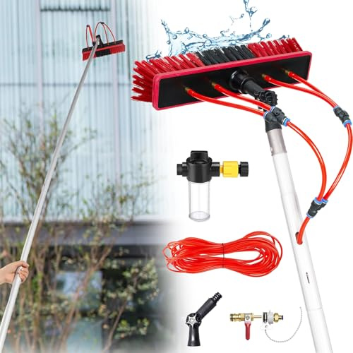 YFSMBD Brosse de Lavage Télescopique 3-18 M, avec Poils Extra Doux, Distributeur de Savon, Raccord d'eau et Tuyau de 20m, Nettoyage Fenêtre, Panneaux Solaires, Toit (3 metres,35cm Brosse)