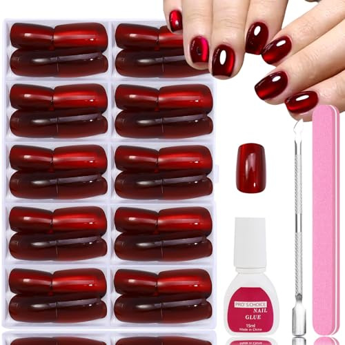 120 Stück Rot Cat Eye Nägel Zum Aufkleben - Glänzend Künstliche Fingernägel - Weihnacten Glossy Square Press on Nails Kurz - Nägel Zum Aufkleben mit Kleber für Frauen Weihnachtstag (Red)