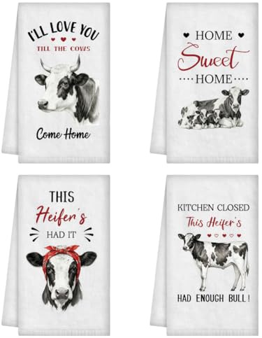 WADORN 4 toallas de mano divertidas de vacas, paños de cocina vintage de vaca de 24 x 16 pulgadas, microfibra de animales, absorbentes, suaves, paños de cocina para cocinar, hornear, baño, vacaciones