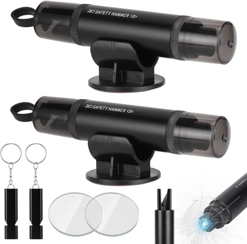 2Pcs Coupe Ceinture Brise Vitre Voiture Marteau Casse Hammer Glace Sécurité pour Auto 2 en 1 Outils d’Évacuation Sauvetage d'Urgence en Acier Tungstène avec 2 Socle, 2 Verre de Test et 2 Sifflet