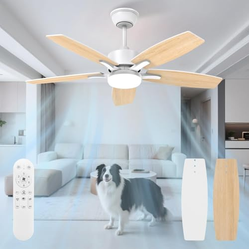 Mefine Deckenventilator mit Beleuchtung und Fernbedienung Leise, 106 cm Deckenventilatoren mit LED Lampe mit 5 Holz Ventilatorflügeln, Hellholz/Weiß, für Schlafzimmer Wohnzimmer, Stangenmontage