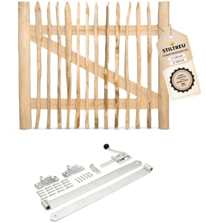 STILTREU Classic Staketenzaun-Tor Set (silber) aus Edelkastanie (Breite 120 cm x Höhe 100 cm)