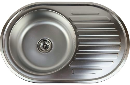 Moderno fregadero de cocina de acero inoxidable de 57 x 45 cm con escurridor y sifón de montaje superior, lavabo redondo con acabado satinado para cocinas y espacios contemporáneos