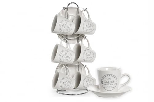 El Mercader del Mar Juego de 6 Tazas de Café con Platos y Soporte Metálico – Set de Cerámica para Espresso y Cappuccino – Ideal para Cocinas Pequeñas