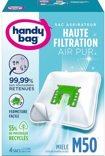 Handy Bag Staubsaugerbeutel, für Miele, luftdichter Verschluss, Filter Öko, M50 Miele 4 Sacs