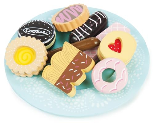Le Toy Van - Educational Wooden Toy Role Play Biscuit Set , Pretend Play Afternoon Tea And Cakes Wooden Play Food, TV298