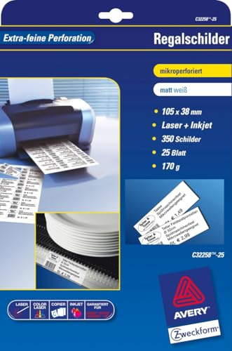 AVERY Zweckform C32258-25 Regalschilder (blanko, beidseitig bedruckbar, matt weiß, extra feine Mikroperforation, 25 Blatt) zum Selbstbedrucken auf allen Druckern, 185 gm