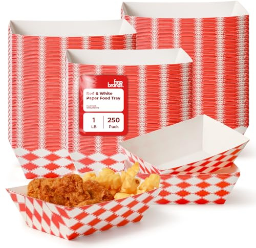 Fit Meal Prep [250 Pack 1 lb Paper Food Boats Heavy Duty Disposable Food Trays, Red Check Nacho Tray for Parties Fairs Picnics Carnivals, Holds Sause Candies Nut Grease Resistant