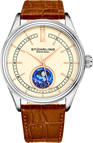 Stuhrling Original Mondphase Dress Watch - Edelstahlgehäuse und Lederband - Analoges Zifferblatt - Celestia Herrenuhren-Kollektion (Brown)
