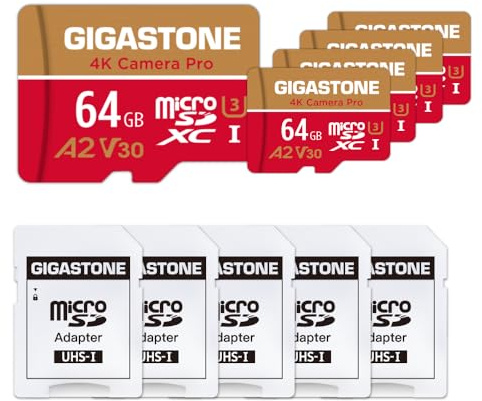 Gigastone 64 GB Speicherkarte, 5 Stück, 4K Pro Kamera, kompatibel mit GoPro Switch, Geschwindigkeit 95 MB/s. A2 U3 V30 Micro SDXC-Karte mit SD-Adapter.