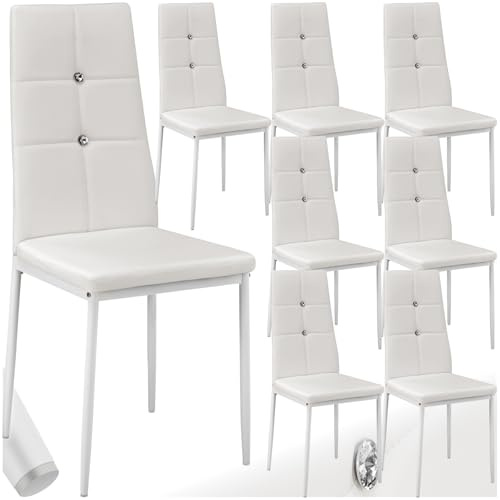tectake® 8er Set Stühle Esszimmer, 8X bequemer Stuhl Kunstleder mit Glitzersteinen, Esszimmerstühle, Polsterstuhl für Wohnzimmer, Dining Table, Küchentisch, Essstühle, hohe Rückenlehne - weiß