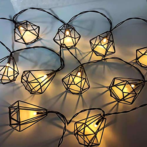 Lichterkette Geometrische Metall Vintage Diamant Polygon Laterne 10er 1.7M Schwarz Batteriebetrieben Dekoration für Schlafzimmer Balkon Party Flexibel Bequem