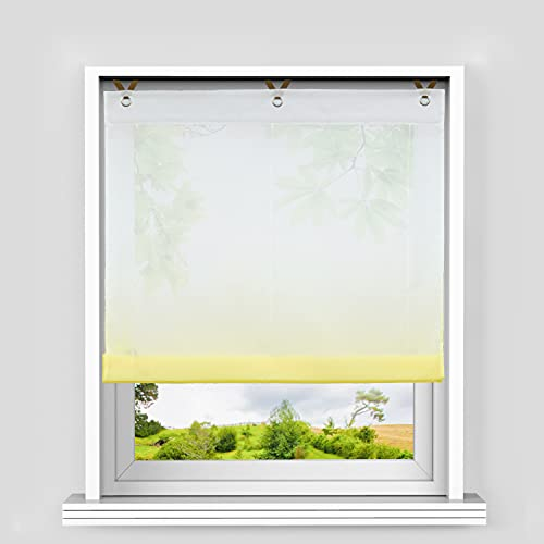 Heichkell Voile Raffrollo ohne Bohren Transparent Raffgardine mit Ösen Farbverlauf Fenstergardine Hakenaufhängung Modern Ösenrollo Vorhänge Gelb BxH 80x130cm