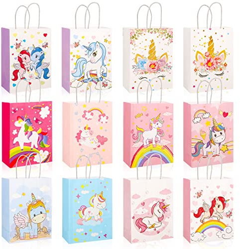Xinstroe 12 Stück Papiertüten Kinder Geschenktüten Partytüten Einhorn Papiertüten Papier Tüten zum Verpacken von Geschenken, Giveaways, Kindergeburtstag, Hochzeit, Party, Einhorn Rosa