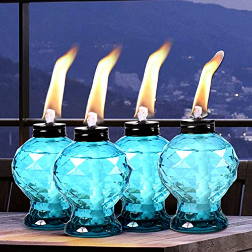 Tewei 4 Pack Blue Table Top Light Torches Outdoor, Mini Glass Torche Lanterns Light for Outside, Easy to Refill Citronella Torches for Garden Patio Yard Party