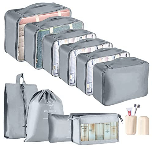 Packing Cubes for Suitcase - GEEDIAR 11 PCS Packing Cubes Travel Luggage Organizers Bag Waterproof Travel Essentials Bag Clothes Shoes Storage Bags(Grey)