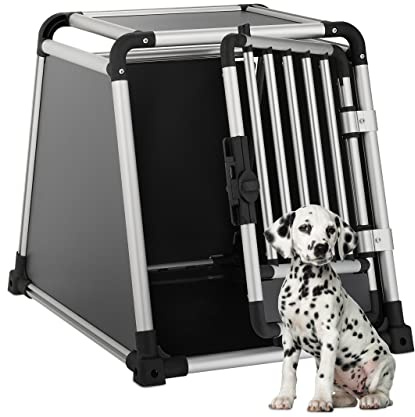 Relaxdays Hundebox Auto, Hundetransportbox Kofferraum, abgeschrägt, Bodenmatte, HBT 60x55x76, 5 cm, Alu, anthrazit-Silber, 66 x 55 x 76,5 cm