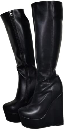 Frankie Hsu Diseñador de moda moderno sexy mujeres hombres grandes tamaño negro cuña plataforma tacones rodilla tacón alto ancho pantorrilla botas largas altas para mujeres US5-14, Negro, 43 EU