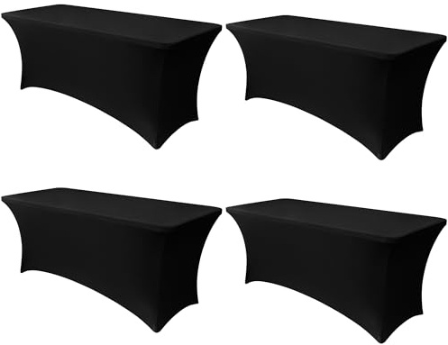 Obstal 6ft Stretch Spandex Table Cover - 4 Pack Universal Rectangular Fitted Tablecloth Protector for Wedding, Banquet and Party, Black