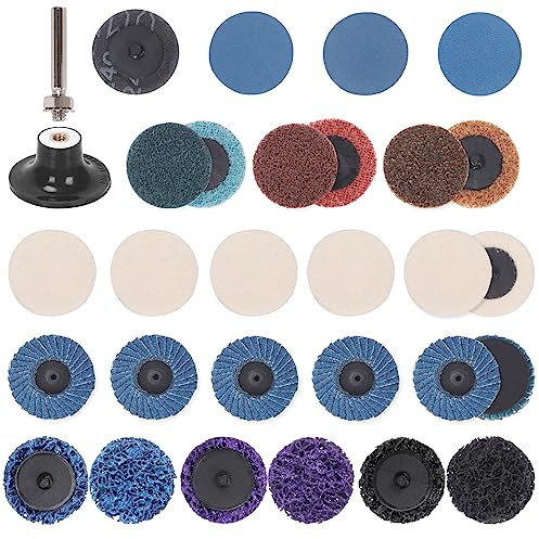 Glarks Assortiment de 30 disques de ponçage - 5,1 cm - Disques à changement rapide - Disques de meulage multi-types - Disques de conditionnement de surface avec tampon de support de 6,35 mm pour