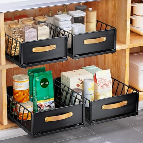 Kitstorack Cassetto Telescopico, Ripiani per Cassetti Estraibili per Armadio da Cucina, Cassetto Scorrevole Estensibile Estraibile con Maniglia (Nero, 40 Profondità x 25 Larghezza x 16 Altezza cm)