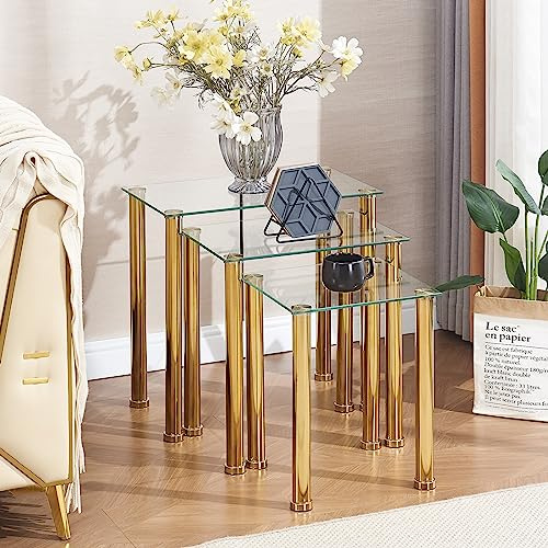 Nesting Table Set of 3 Modern Glass Nesting Table for Living Room Sofa Side Nest of 3 Table Nested End Small Coffee Table (Gold)