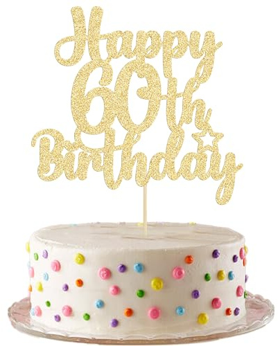 Gyufise Happy 60th Birthday Cake Topper - Glitter 'Cheers to 60 Years' Cake Pick for Anniversary Party Decorations Supplies (Gold, 1Pc)