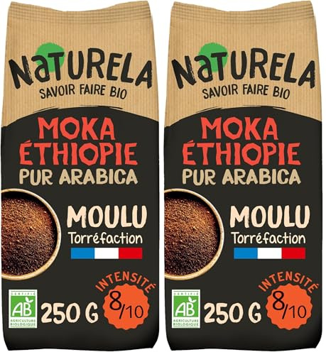 NATURELA - Café Bio Moulu Moka Ethiopie - 100% Café Arabica Bio - Torréfaction Lente - Fabriqué en France - 250 g (Lot de 2)