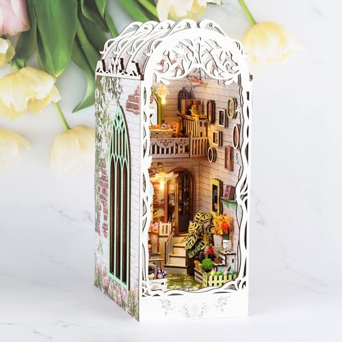 Cuteefun DIY Book Nook, Miniatur Puppenhaus Kit mit LED -Blumenhaus | Buchstützen aus Holz, Bücherregal-Dekoration, Kreatives Handwerk, Einzigartiges Geschenk zum Geburtstag Weihnachten