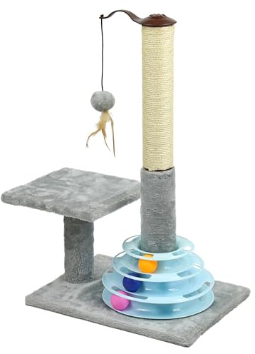 Taylor & Brown 25” Tall Cat Scratching Post, Cats Scratcher Kitten Scratch Post Indoor with Sisal Pole & Interactive Cat Tracks Toy Balls, Covered with Soft Plush Carpet, Grey