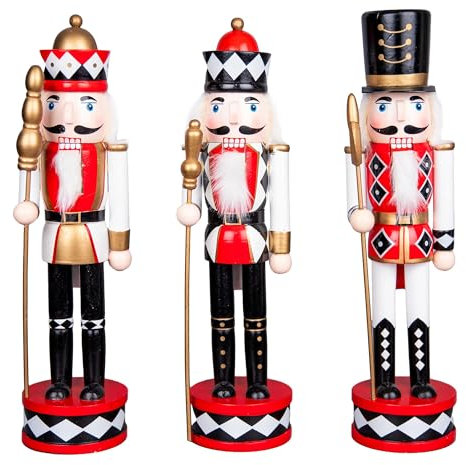 SHATCHI 38cm Red/White/Black Wooden Christmas Nutcrackers - 3pcs Set - Soldiers King Puppet Figurines Xmas Home Decoration Ornament