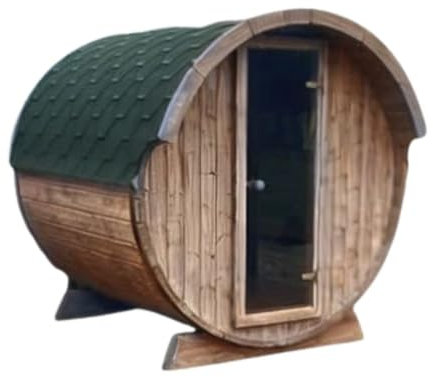 Tonneau Sauna d'extérieur en kit, chaudière électrique COMPRISE, épicéa thermo-traité, 2 à 4 personnes 2,20m x diam 1,96m / hauteur 2,15m shingle vert