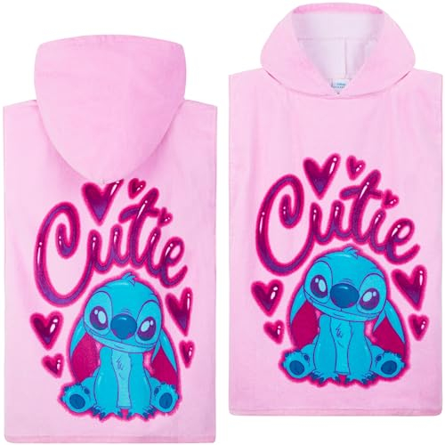 Disney Stitch Badetuch Poncho Badeponcho Kinder Strandtuch Mädchen mit Kapuze Weiches Schnelltrocknendes Handtuch für Strand Schwimmen (Rosa Stitch, 6-9 Jahren)