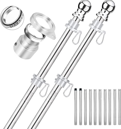 Bubblythe 2 Pack No Tangle Flag Pole Kit, 6ft Flag Poles with Tangle Free Aluminum Flag Rings, Stainless Steel 1 Flag Pole for Outside House, Outdoor Silver Flagpole(6 FT, 10 Sections, No Bracket)