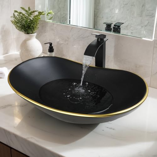 Sinku Mccut Ceramic Matte Black Bathroom Sink with Gold Trim,Oval Porcelain Vessel Sink with Faucet and Drain Combo,Above Counter Wash Basin Sink bowl