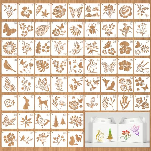JSRQT 64 Pezzi Piccoli Stencil per Dipingere, Stencil in Plastica Riutilizzabili a Tema Naturale Fiori Farfalle Uccelli, Stencil per Pittura e Disegno per Legna Parete Scrapbooking Regali Home Decor