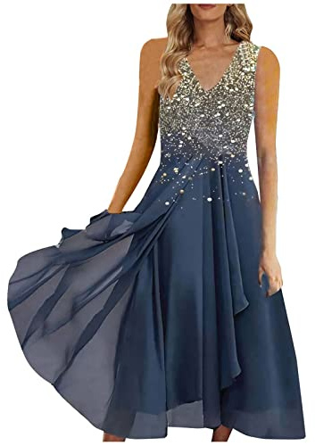 Keepink Robe d'Été Élégante pour Femmes UK - Sans Manches, Appliques Paillettes, Longue Formelle, Cocktail de Mariage, Soirée, Grande Taille 36-50, 2 Dorés, 38