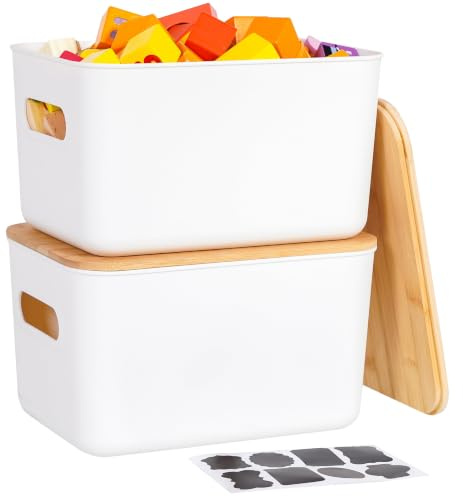 Citylife 2Pack 6.5L Storage Box with Wood Lid, Plastic Storage Containers for Bathroom, Stackable Organizing Box with Handle for Shelves, Kitchen, White, 25.8 x 17.8 x 14.8 cm