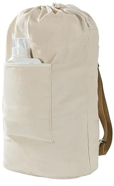 Canvas Laundry bag, Washable Laundry backpack, Adjustable Straps, Large Front Pocket, Drawstring Closure (BEIGE, X-Large)