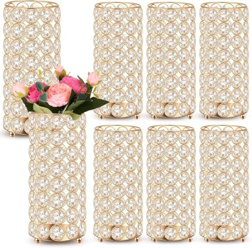 8 Pcs Gold Crystal Flower Vase and Pillar Candle Holder Set, 7.87 Metal Cylinder Stand for Wedding Table Centerpieces, Flower Arrangements, Christmas Party, Event Decor, and Gifts