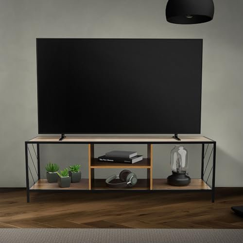 ML-Design Mesa de TV de Madera en Marrón 140x40x46 cm Gabinete para Televisión de hasta 65 Pulgadas Mueble Moderno con Espacio de Almacenamiento Tablero de Pie con Estantes Abiertos
