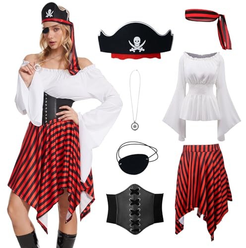 YQVGFBY - Costume da pirata da donna, set abito da piratessa, abbigliamento medievale vichingo da donna, vestito rinascimentale, per Halloween, carnevale, cosplay (bianco, S)
